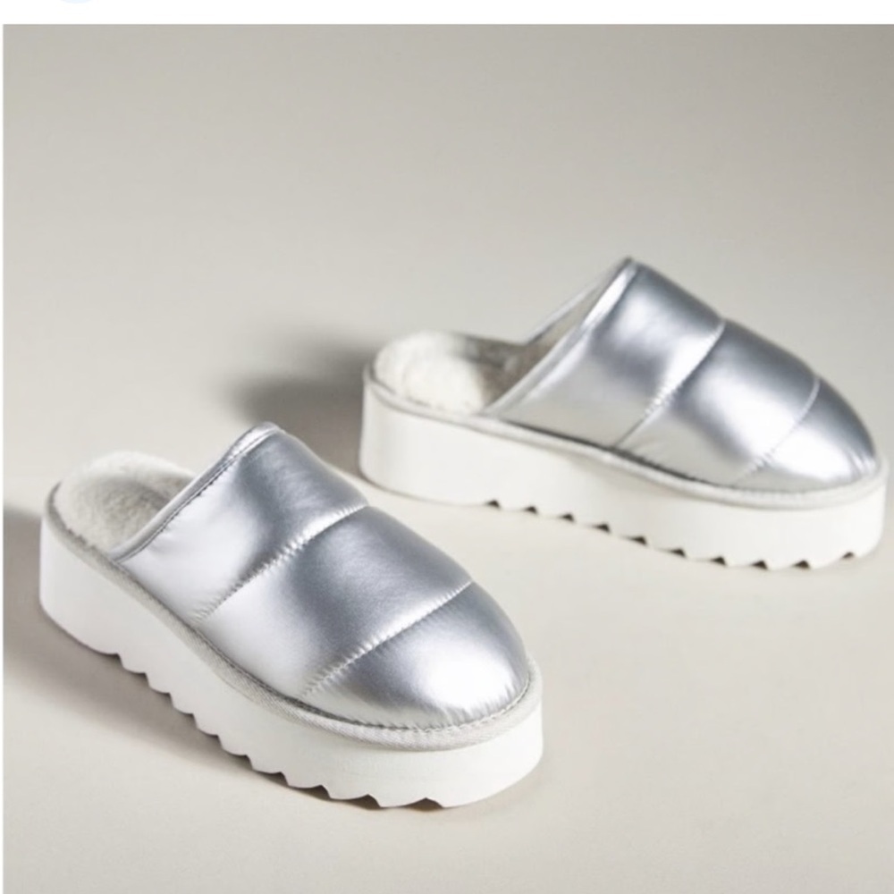 Maeve Anthropologie silver puffy platform slippers